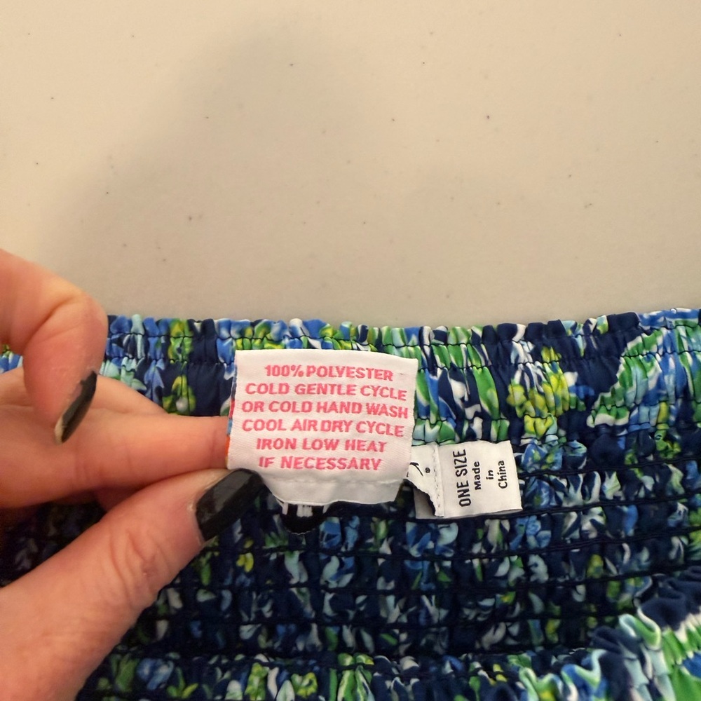 Gretchen Scott One Size Blue Green Tropical Smocked Strapless Midi Dress Tassel - Picture 9 of 9
